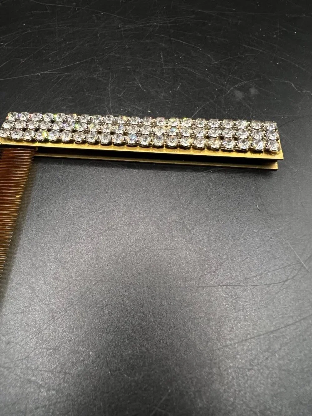 GoldTone Folding Comb Rhinestone Handle Vintage Hair Accessory Mid Century Retro